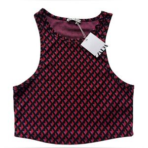 Zara Jacquard Printed Crop Top Tank Women’s Large Black Red Sleeveless New